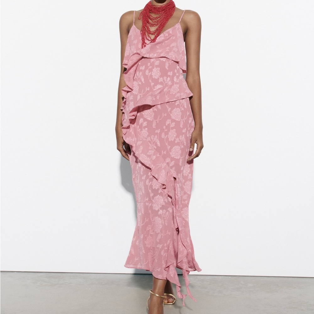 NEW Zara pink ruffled Jacquard dress size large
